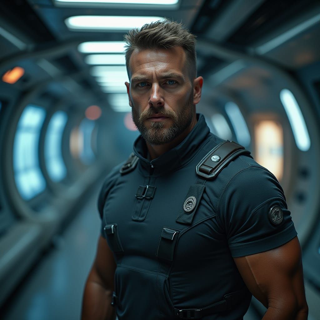 Rugged Space Explorer in Futuristic Space Ship Corridor