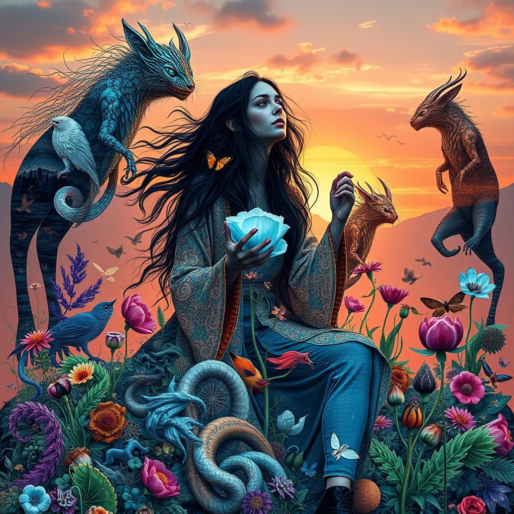 Surreal Goddess Unveils Cosmic Duality in Dreamlike Landscap...