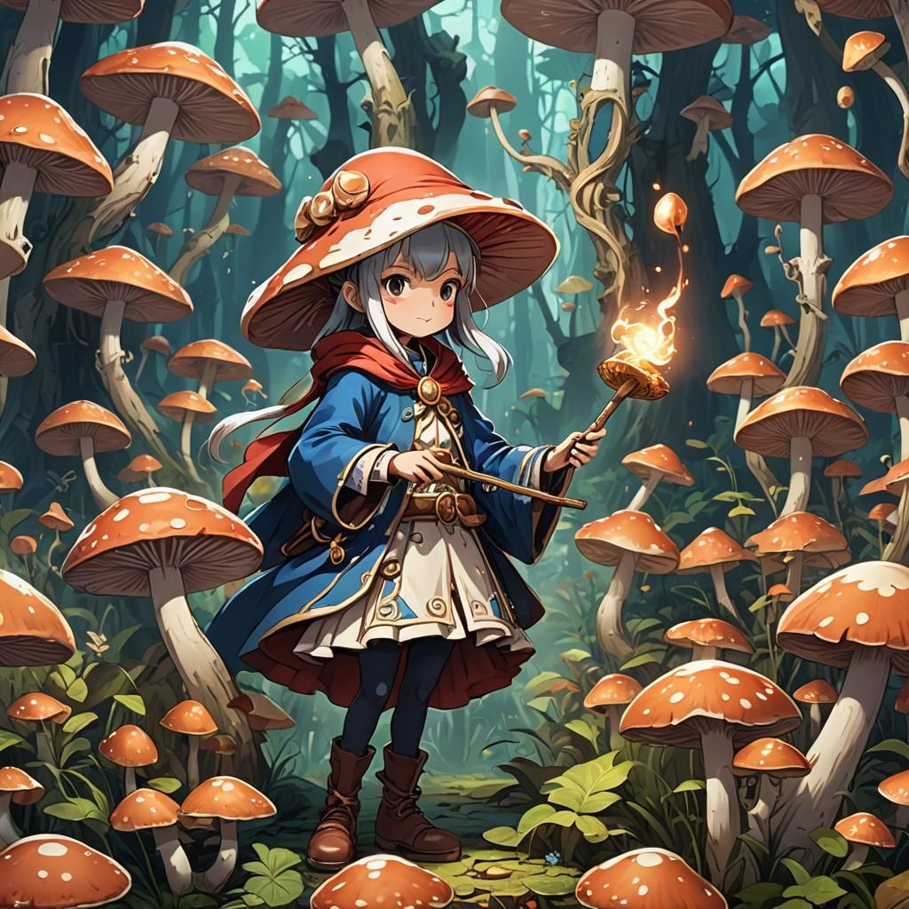 Mushroom Mage Crafting a Mushroom: Cel-Shaded Anime Art