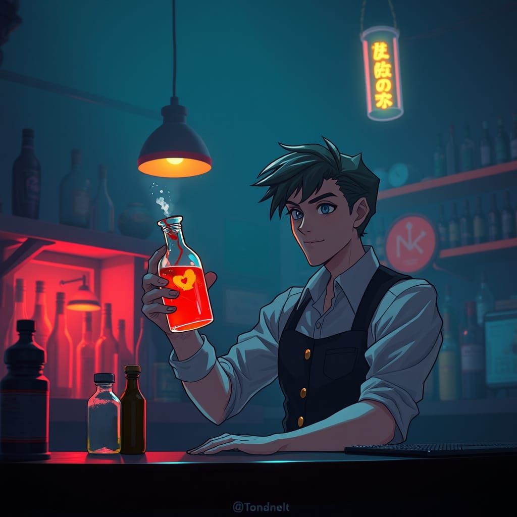 Anime Bartender Serving Health Potion in Neon Bar