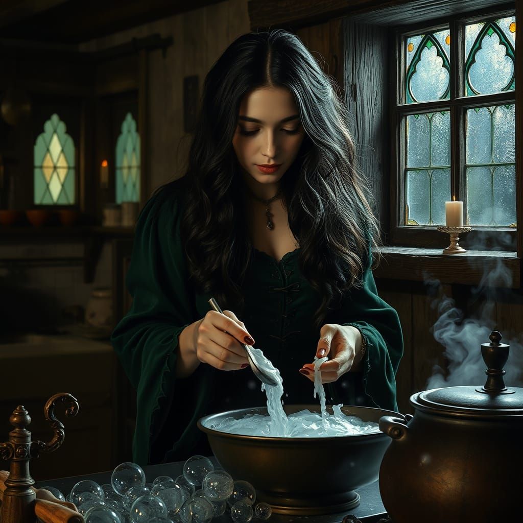 Enchanting Witch Washing Dishes in Moonlit Cottage Kitchen