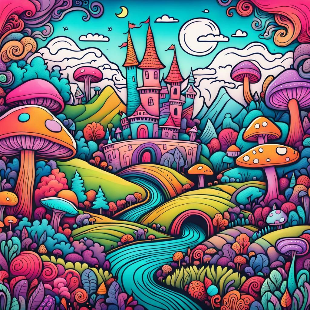 Whimsical Doodle-Art Fantasy Landscape