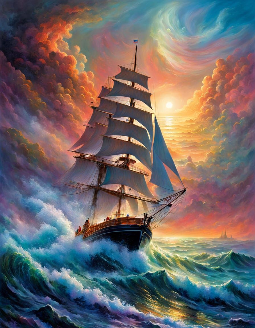 Sailboat Amidst Nebula in Surreal Ocean