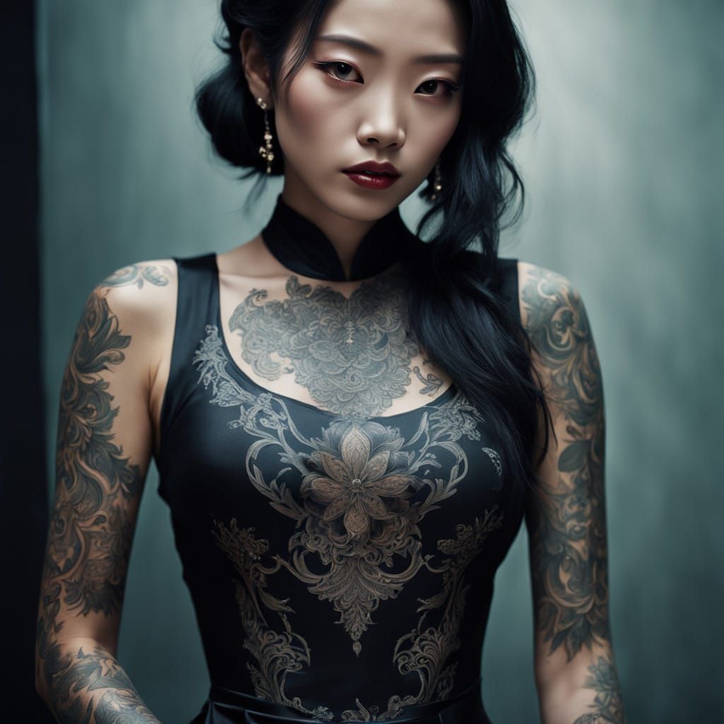 Mysterious Asian Goddess in Elegant Black Silk