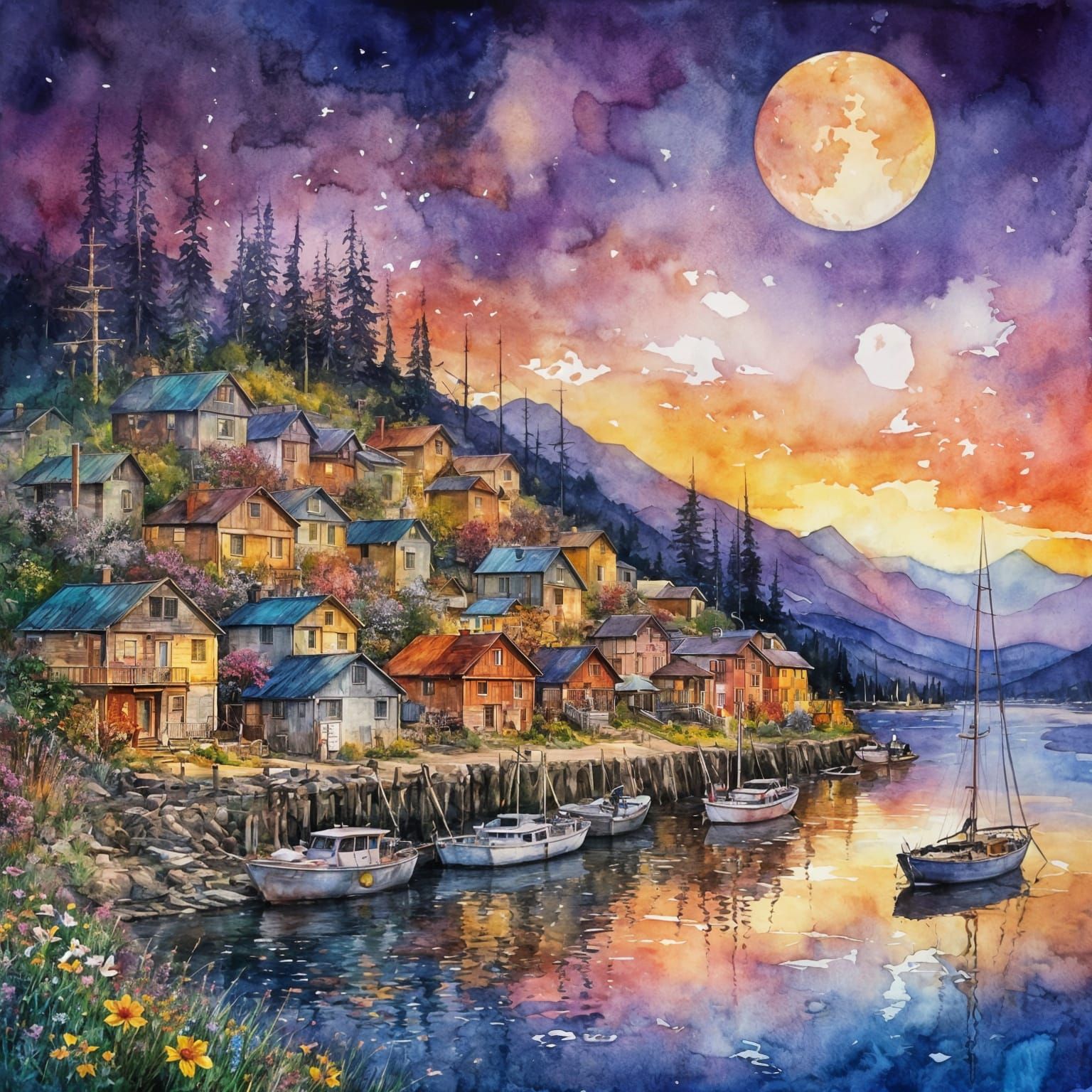 Vivid Watercolor Fishing Village with Golden Moon