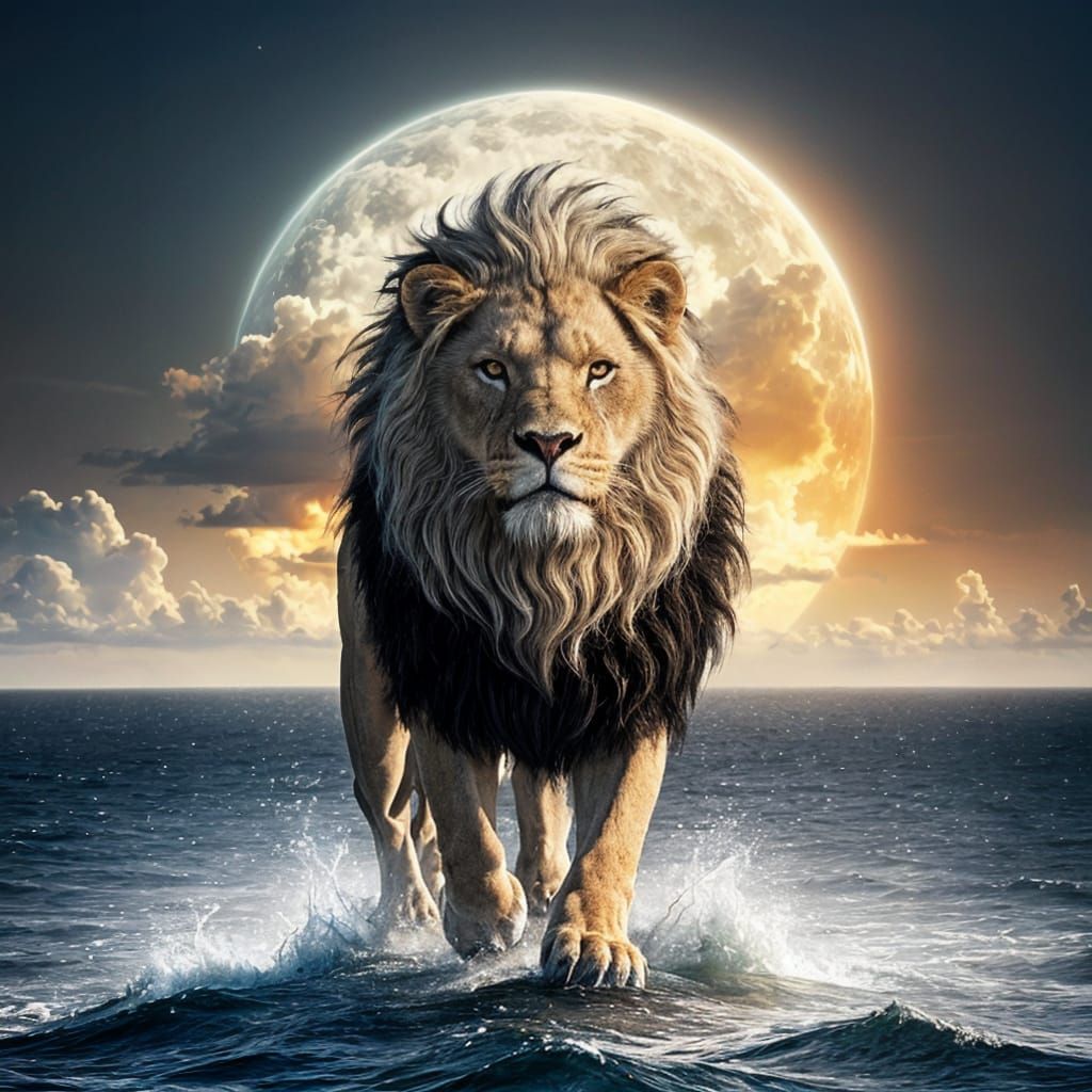Majestic Lion Transcends to Cosmic Lamb in Silver Sea