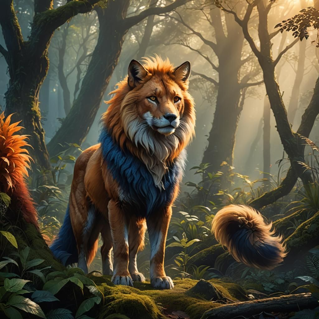 Majestic Half Fox, Half Lion in Misty Forest
