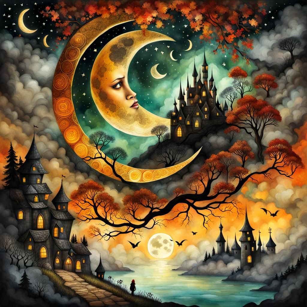 Mythological Moonlit Scene in Vintage Storybook Style