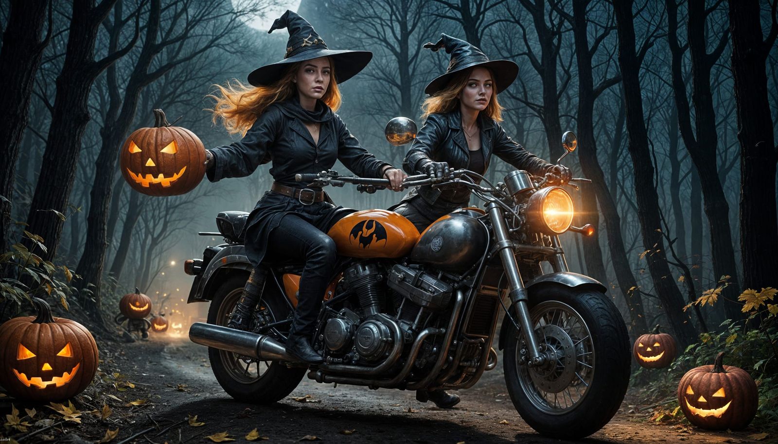 Witch Rides Motorcycle Through Moonlit Forest