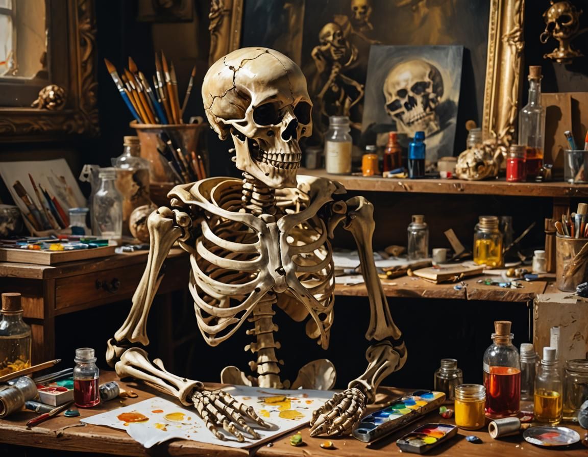 Baroque Still Life: Skeleton Sculpture at Artist's Desk