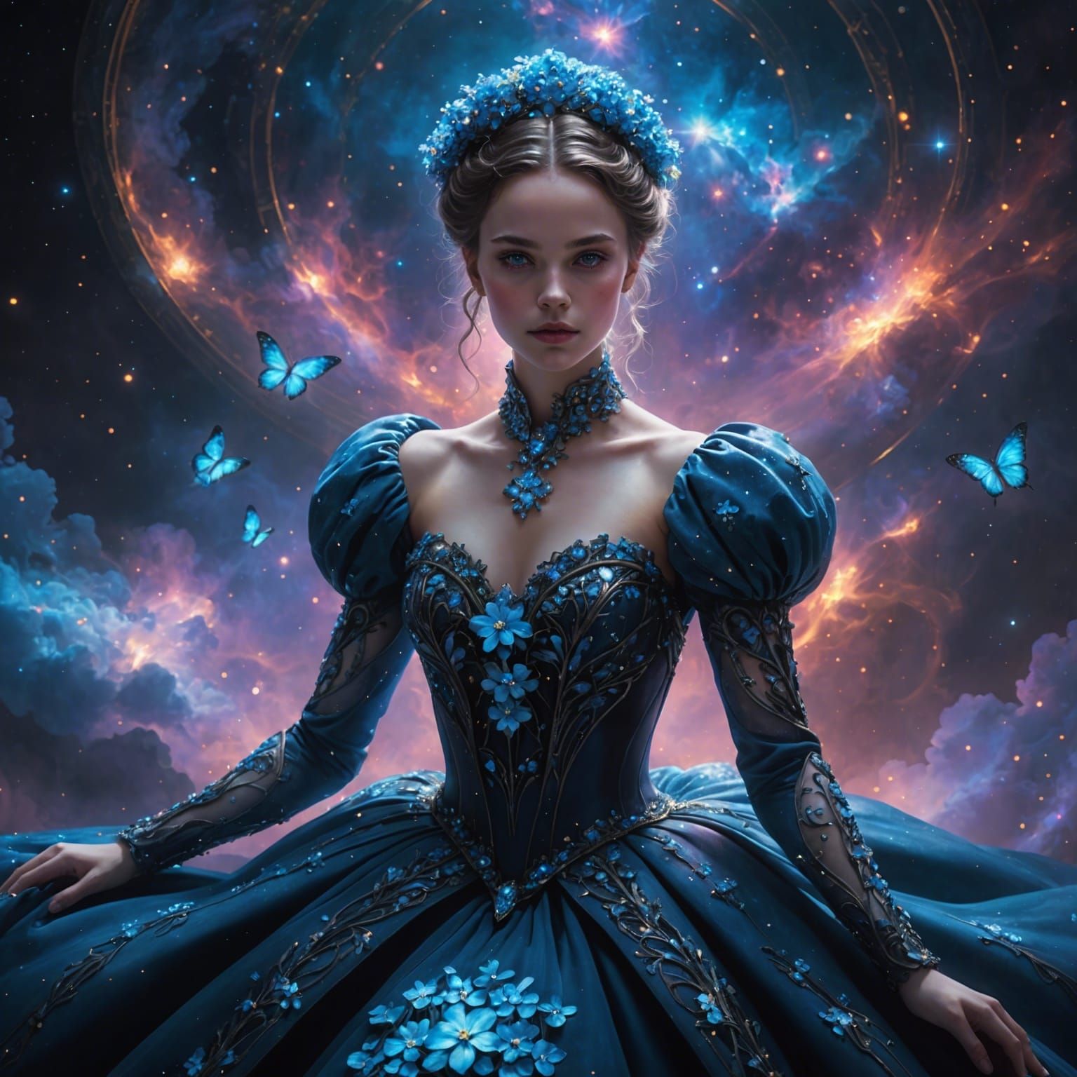 Nebula Queen in Luminous Gown: Photorealistic Digital Art