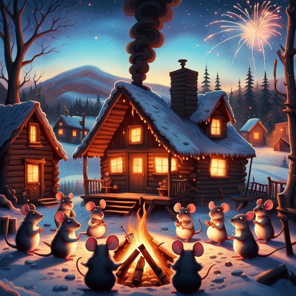 Tim Burton style: Large Campfire with comic mice.