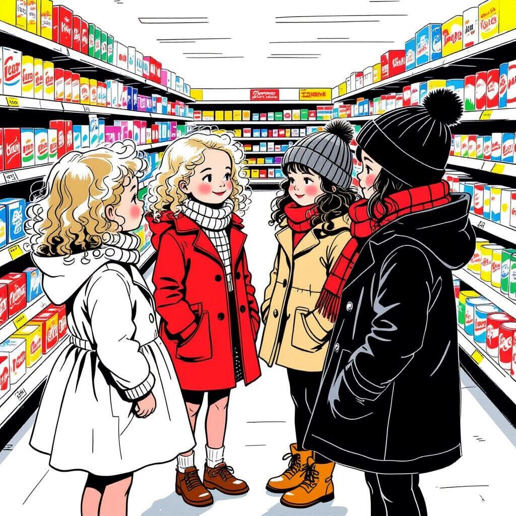 Whimsical Supermarket Scene: Summer Dresses Meet Winter Coat...