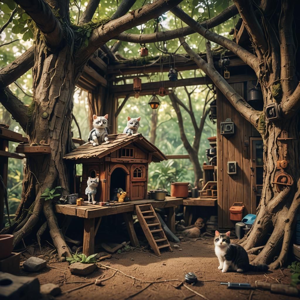 Robot and Cat in Treehouse: Cinematic Film Still