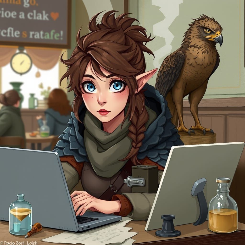 Woman Alchemist at Cafe in Whimsical Style