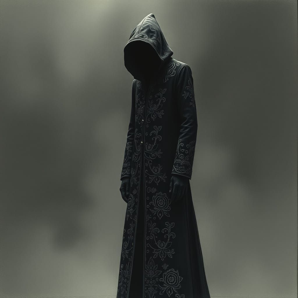 Mysterious Figure in Embroidered Coat, Charcoal Drawing