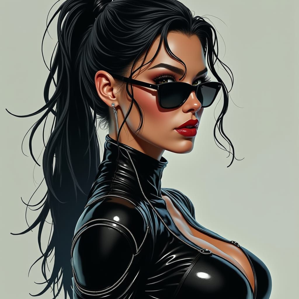 Matrix Woman in Black Leather: Neo-Noir Digital Art