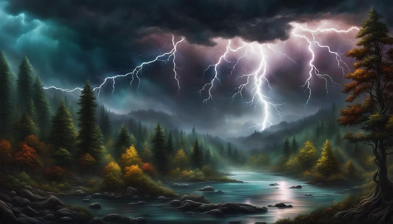 Eerie Fantasy Wilderness Landscape with Lightning