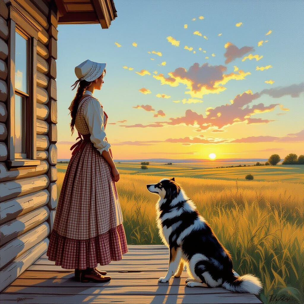 Pioneer Woman on the Prairie at Sunset