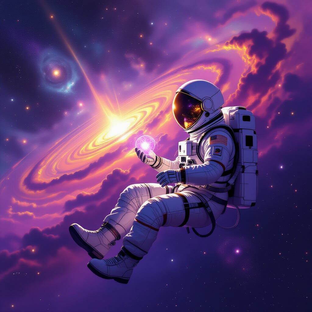 Astronaut Adrift in Nebula Clutching Glowing Artifact