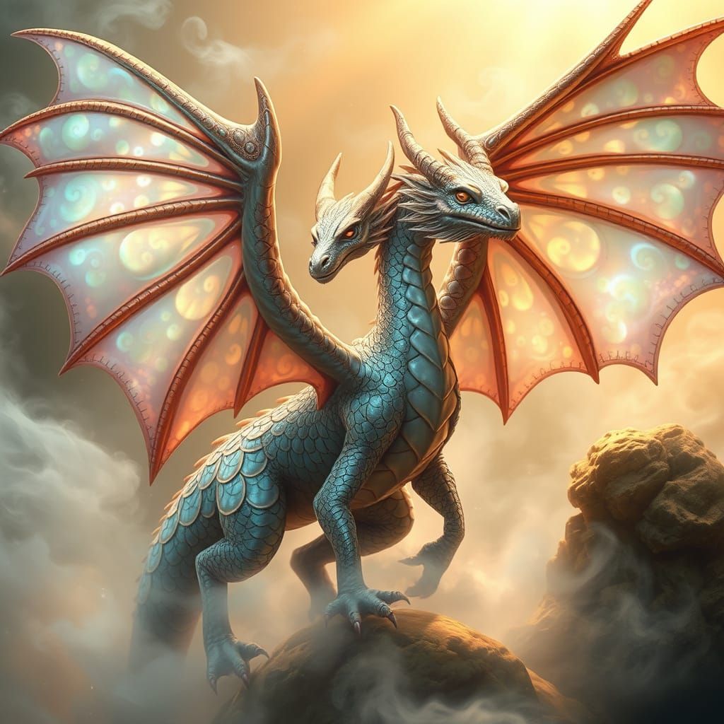 Iridescent Abalone Dragon in Dreamlike Setting