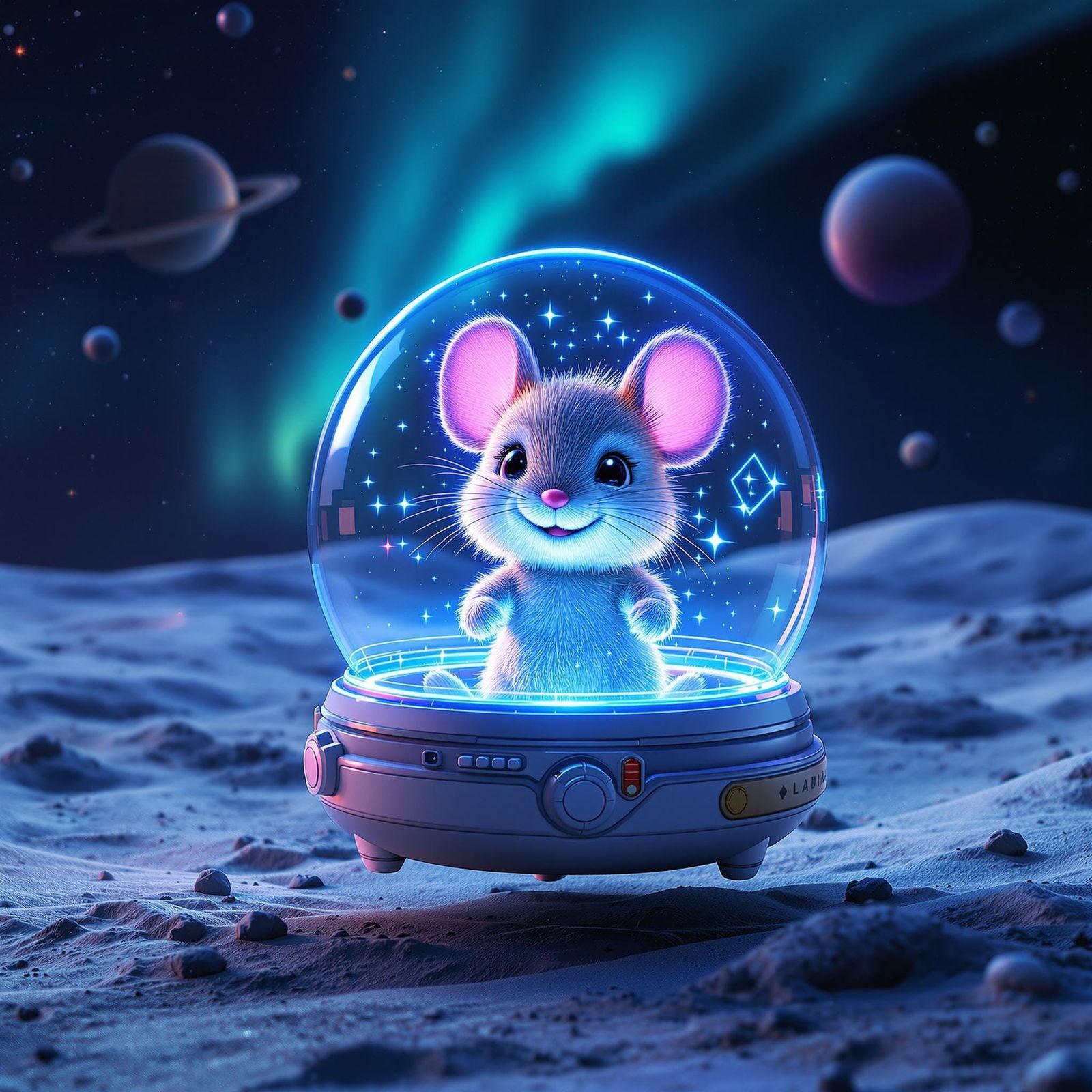 Vibrant Holographic Chibi Mouse on Moon Surface