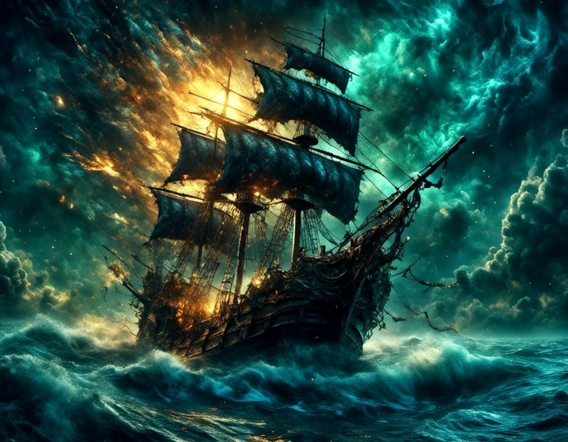 Tempestuous Sea Storm with Pirate Ship and Comet