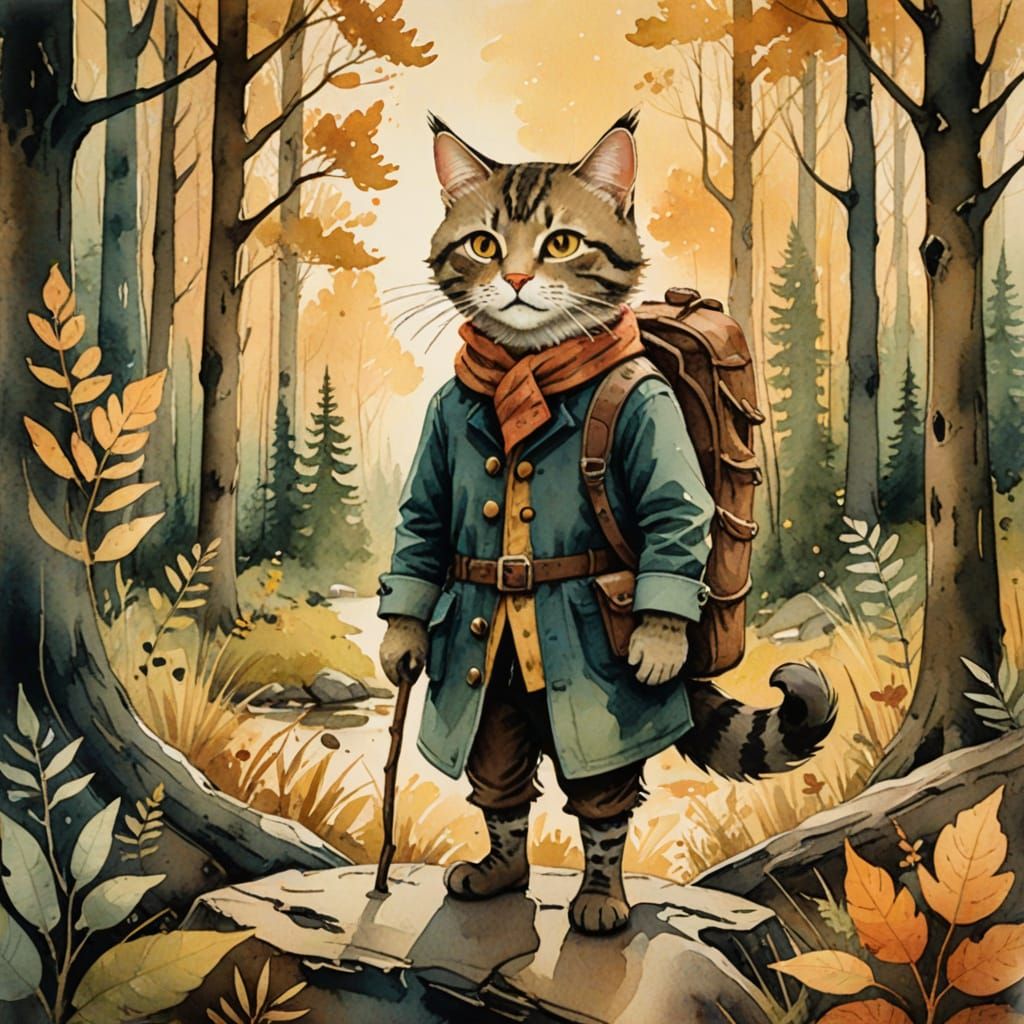 Cat as Daniel Boone Exploring Woods in Watercolor Style
