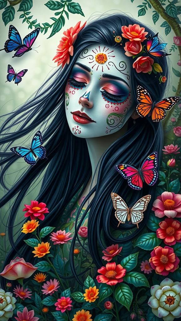 Woman in Día de los Muertos Face Paint in Surreal Forest