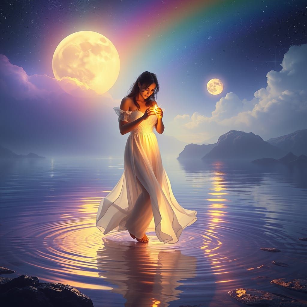 Ethereal Woman with Flame Beneath Cosmic River