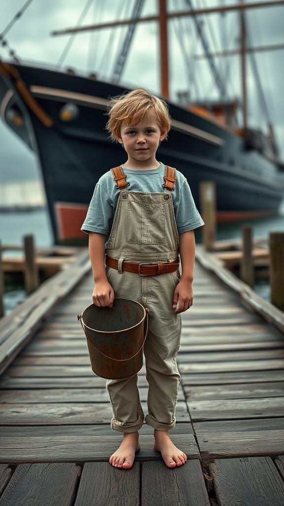 Boy on Dock with Sailing Ship