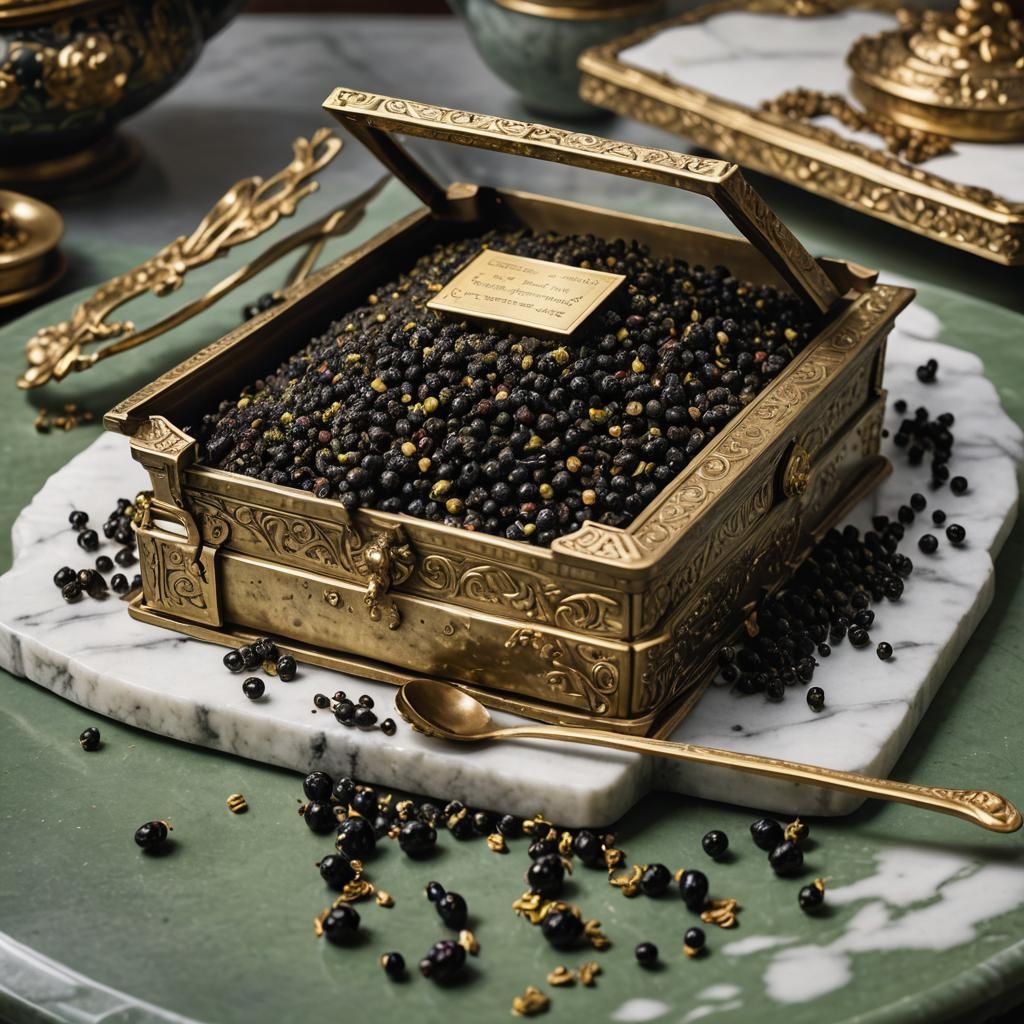 Black Currant Tea Overflowing Bronze Box, Detailed Digital A...