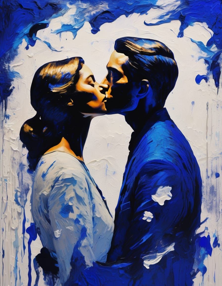 Impressionist Couple Kissing in Surreal Blue