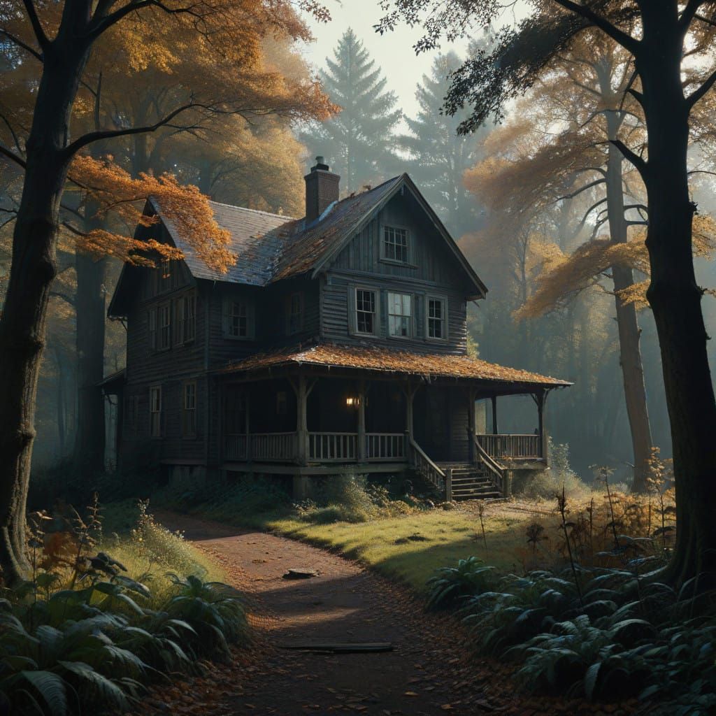 Rustic Home Amidst Autumnal Forest in Cinematic Style