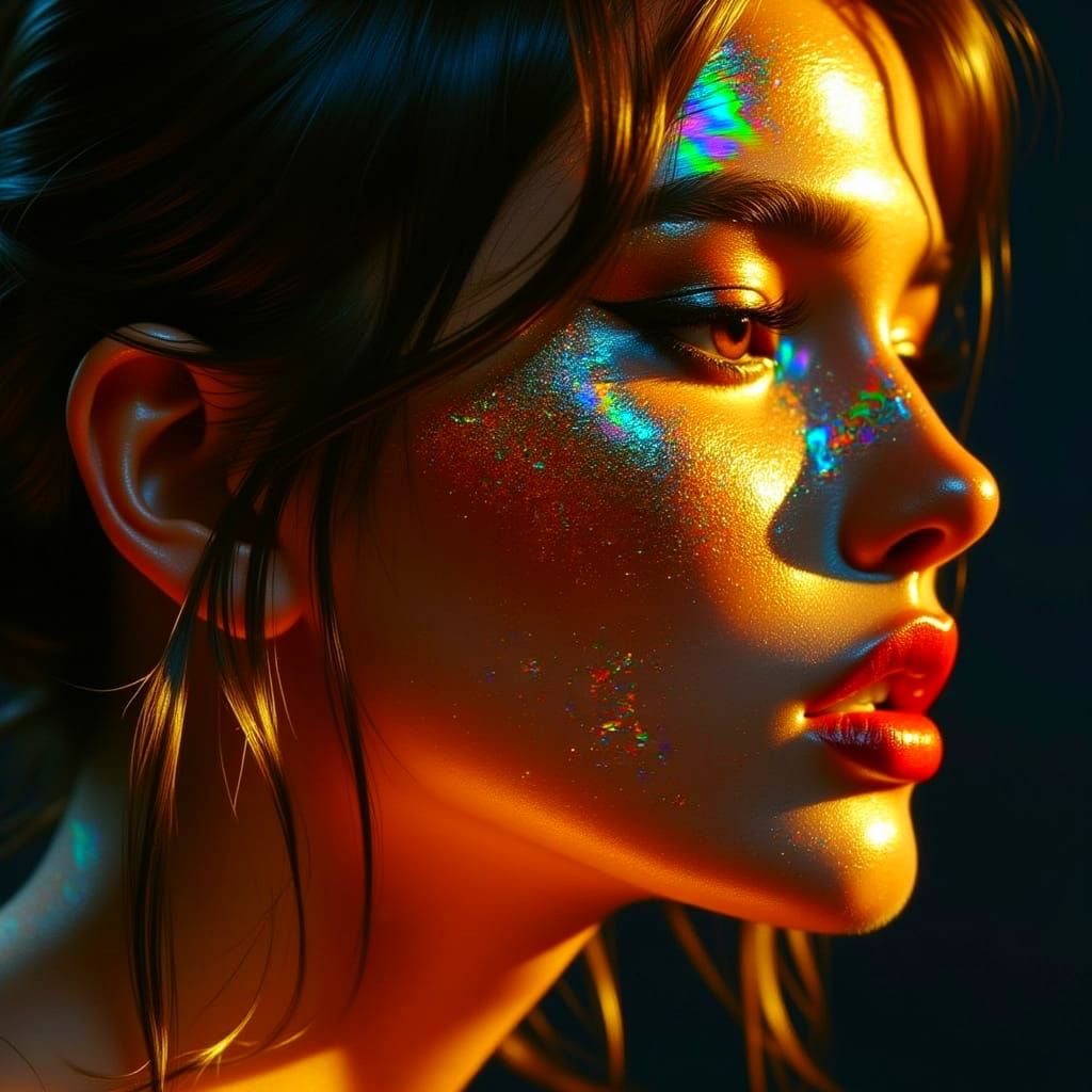 Dramatic Low-Angle Portrait with Radiant Glow and Holographi...