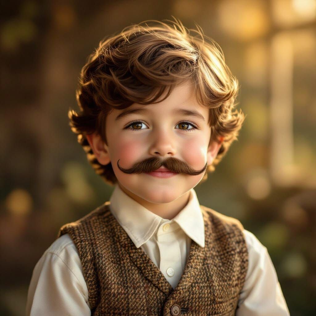Boy with Mustache in Vintage Vest as Storybook Illustration