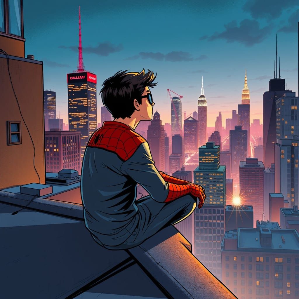 Peter Parker Perched on Rooftop in Dynamic Comic Book Style