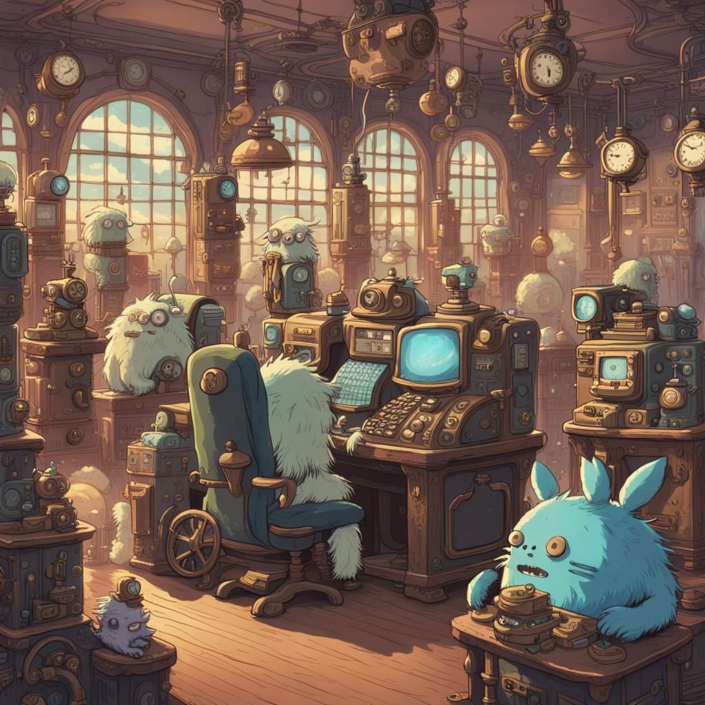 Cute Monsters in Steampunk Call Center, Ghibli Style