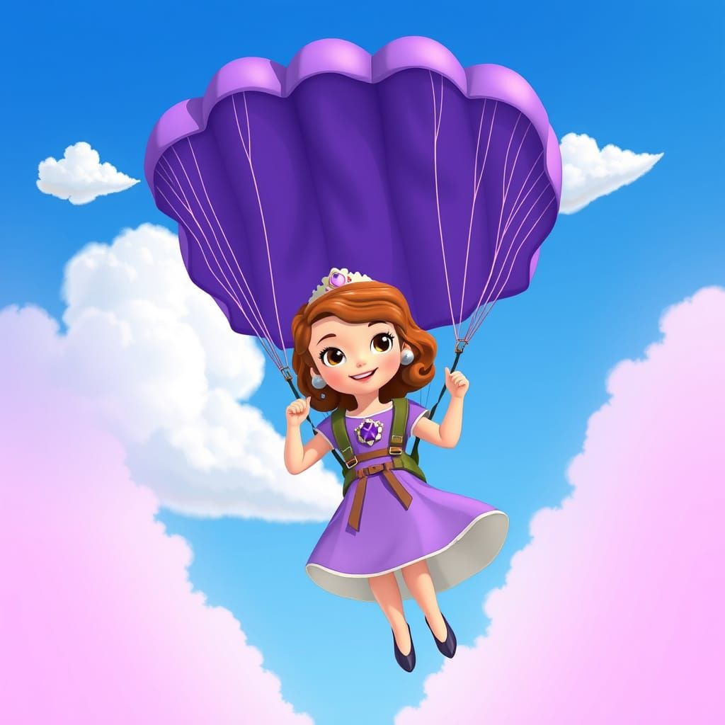 Princess Sofia Skydiving with Purple Parachute, Cartoon Styl...