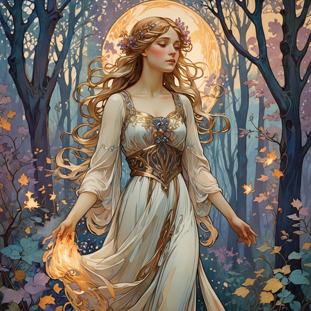 Art Nouveau Woman in Forest of Flames
