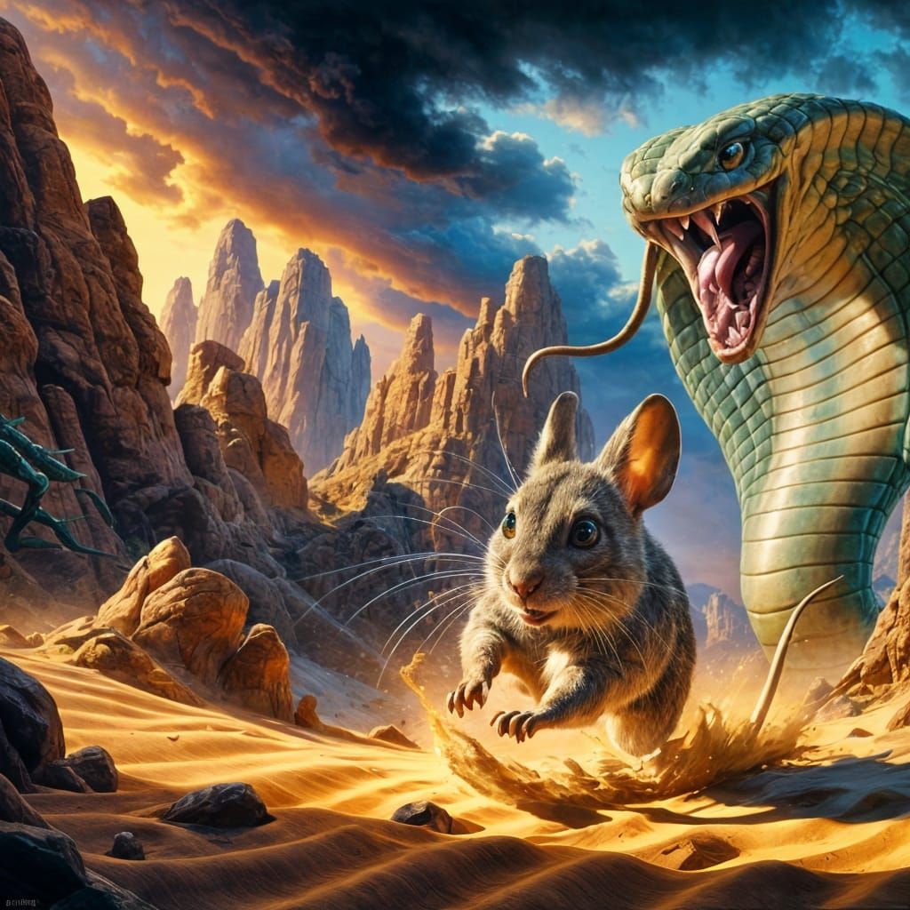 Jerboa's Desperate Flight from Emerald Cobra in Hyperrealism