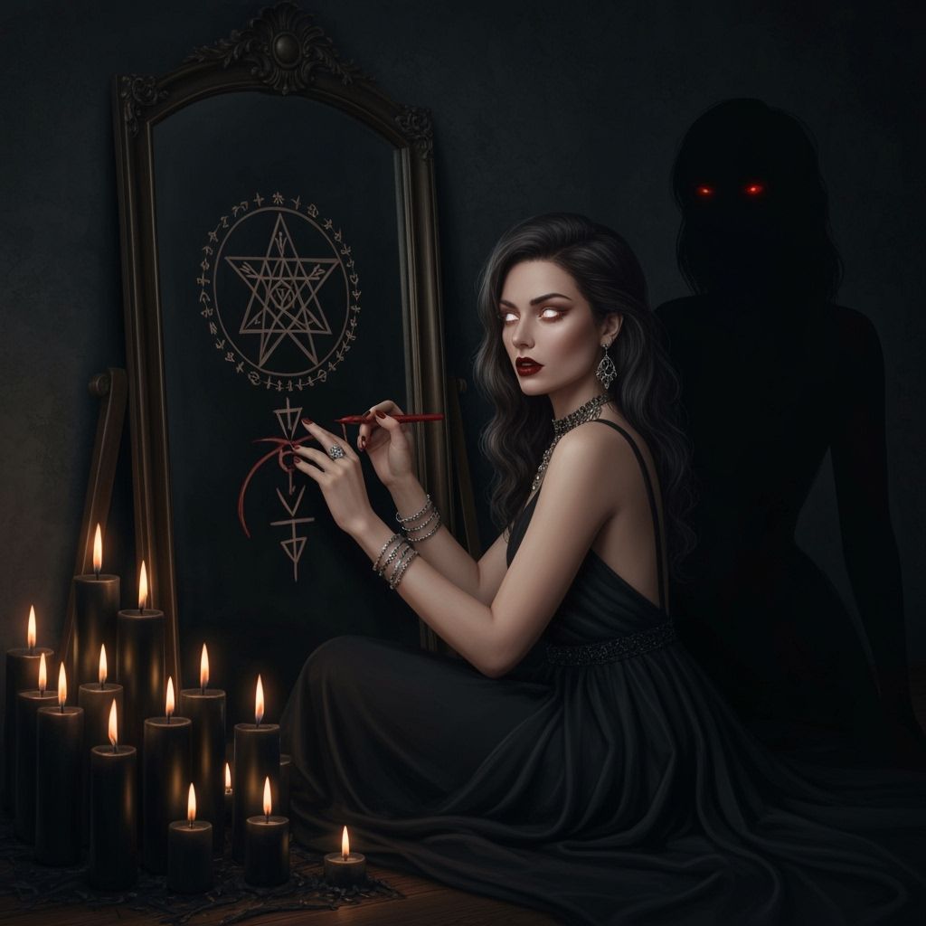 Mystical Woman Drawing Symbols on Mirror, Dark Digital Art