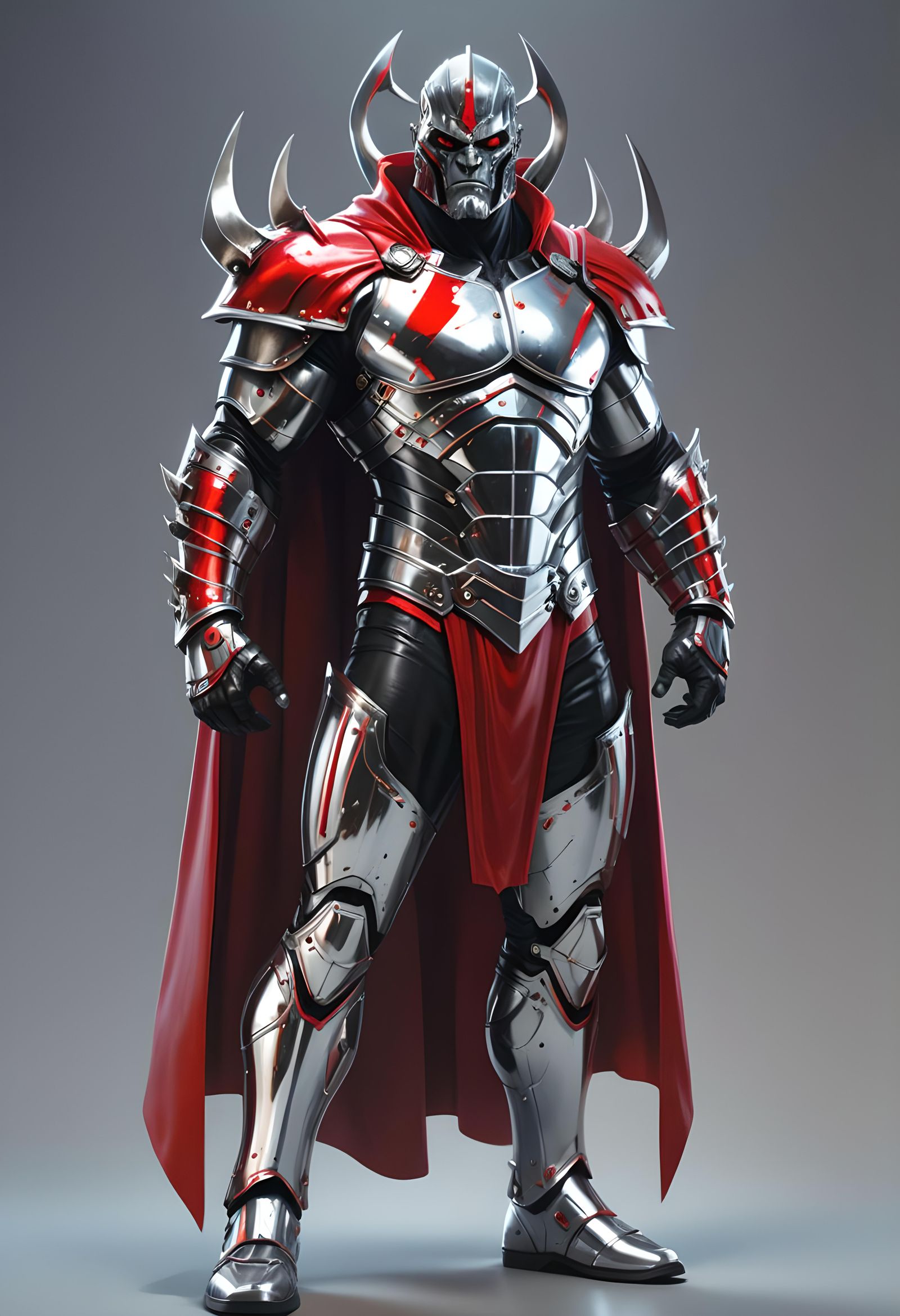Evil Armored Warrior with Red Cape in Metal Armor