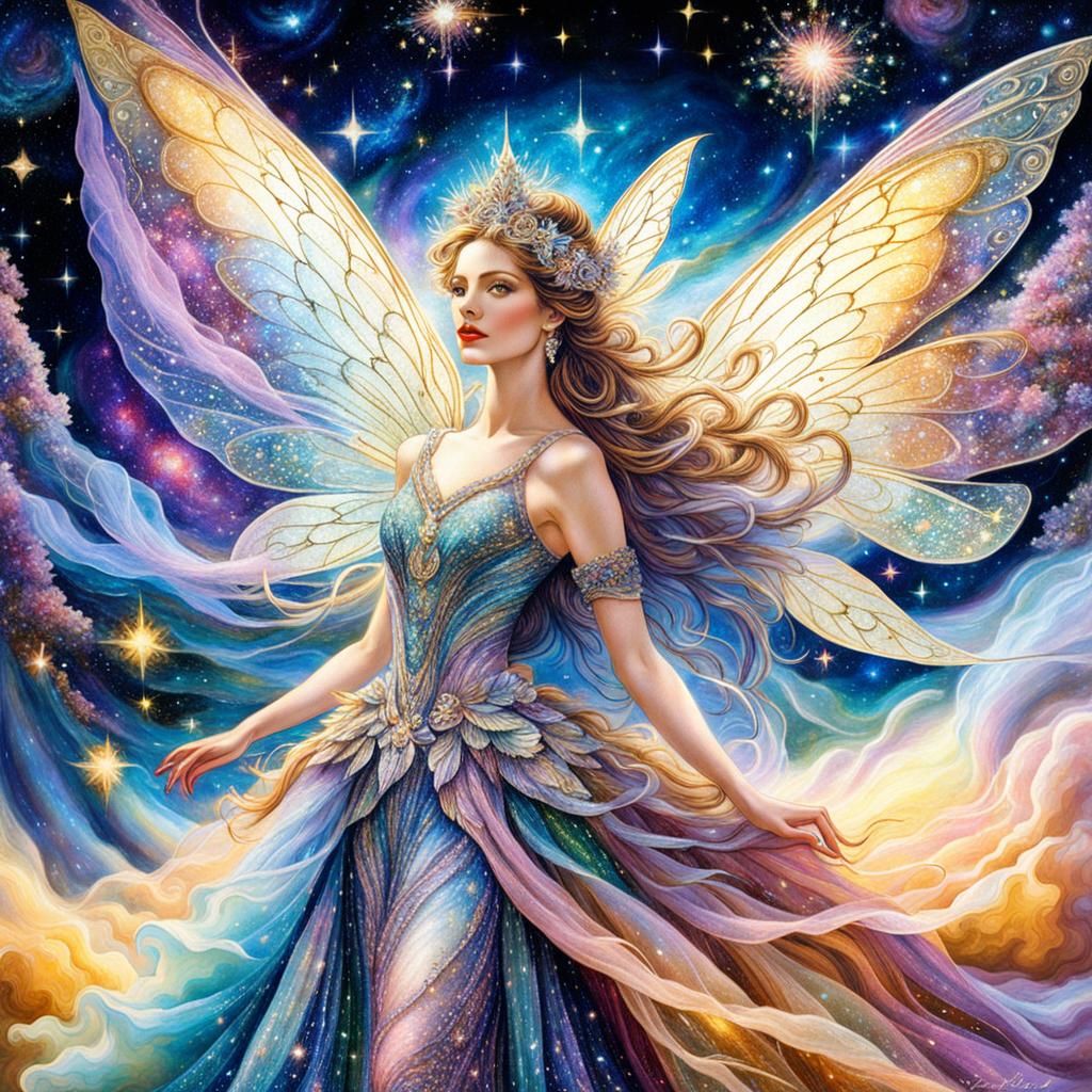 Cosmic Fairy in Galaxy Dress with Shimmering Stars
