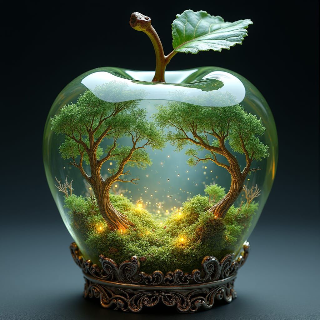 Glass Apple Encapsulating a Shimmering Fairy Land