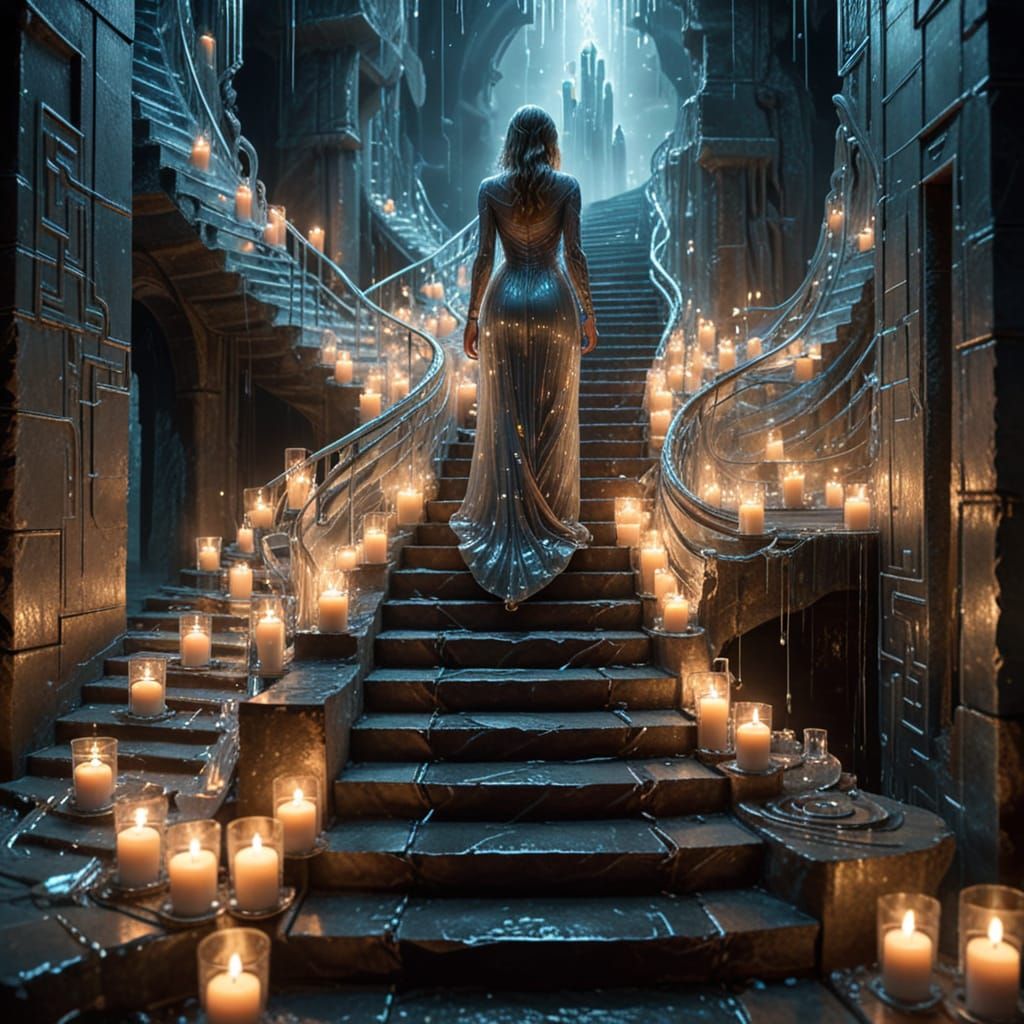 Surreal Dystopian Labyrinth with Holograms and Candles