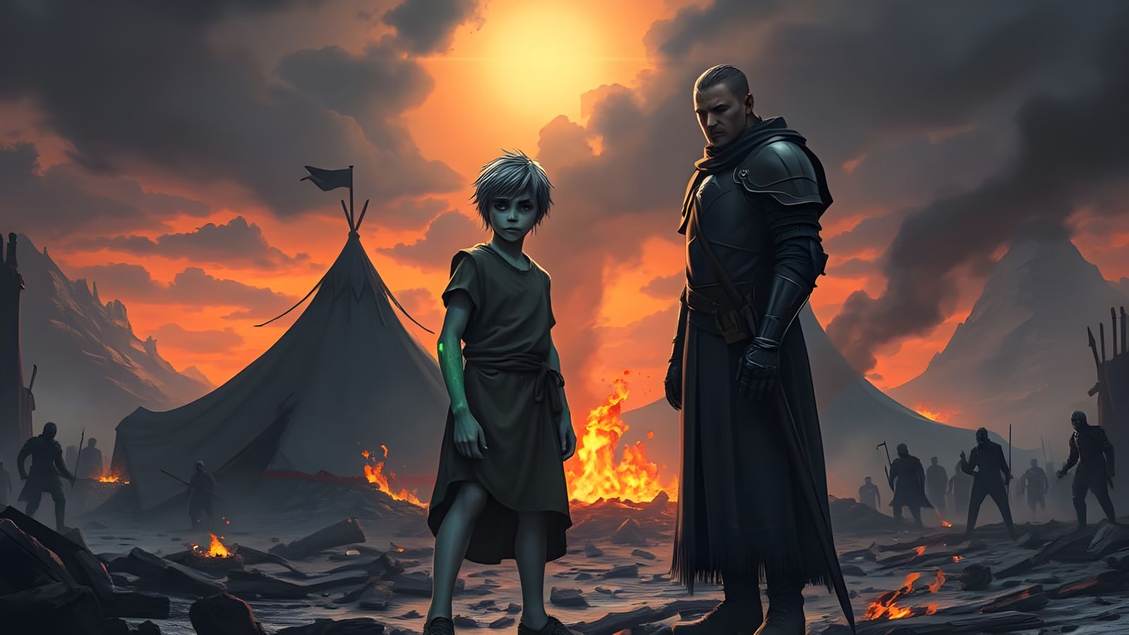 Undead Hero Stands Amidst Ruins in Cyberpunk Style