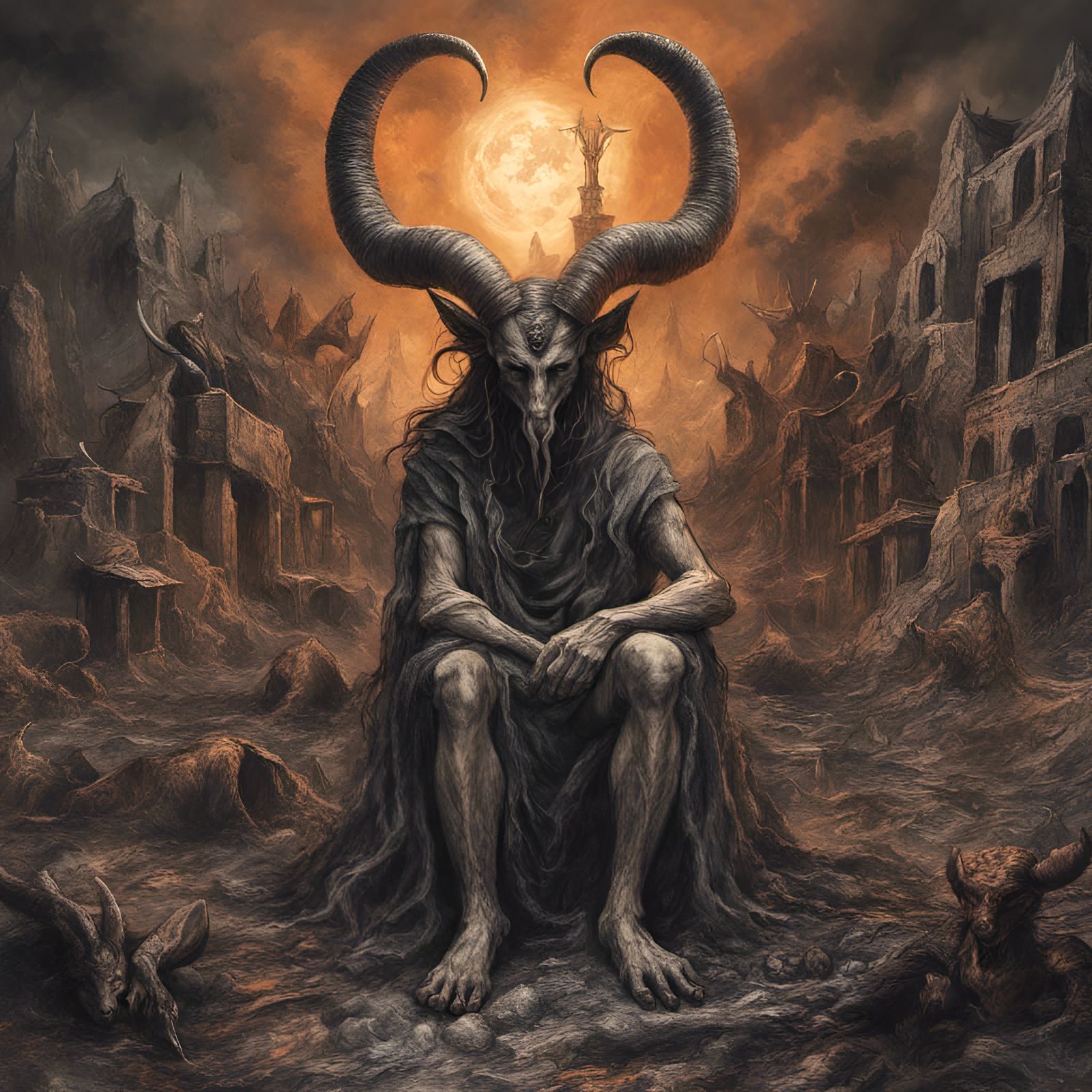 Baphomet in Apocalyptic Armageddon: Eerie Digital Painting