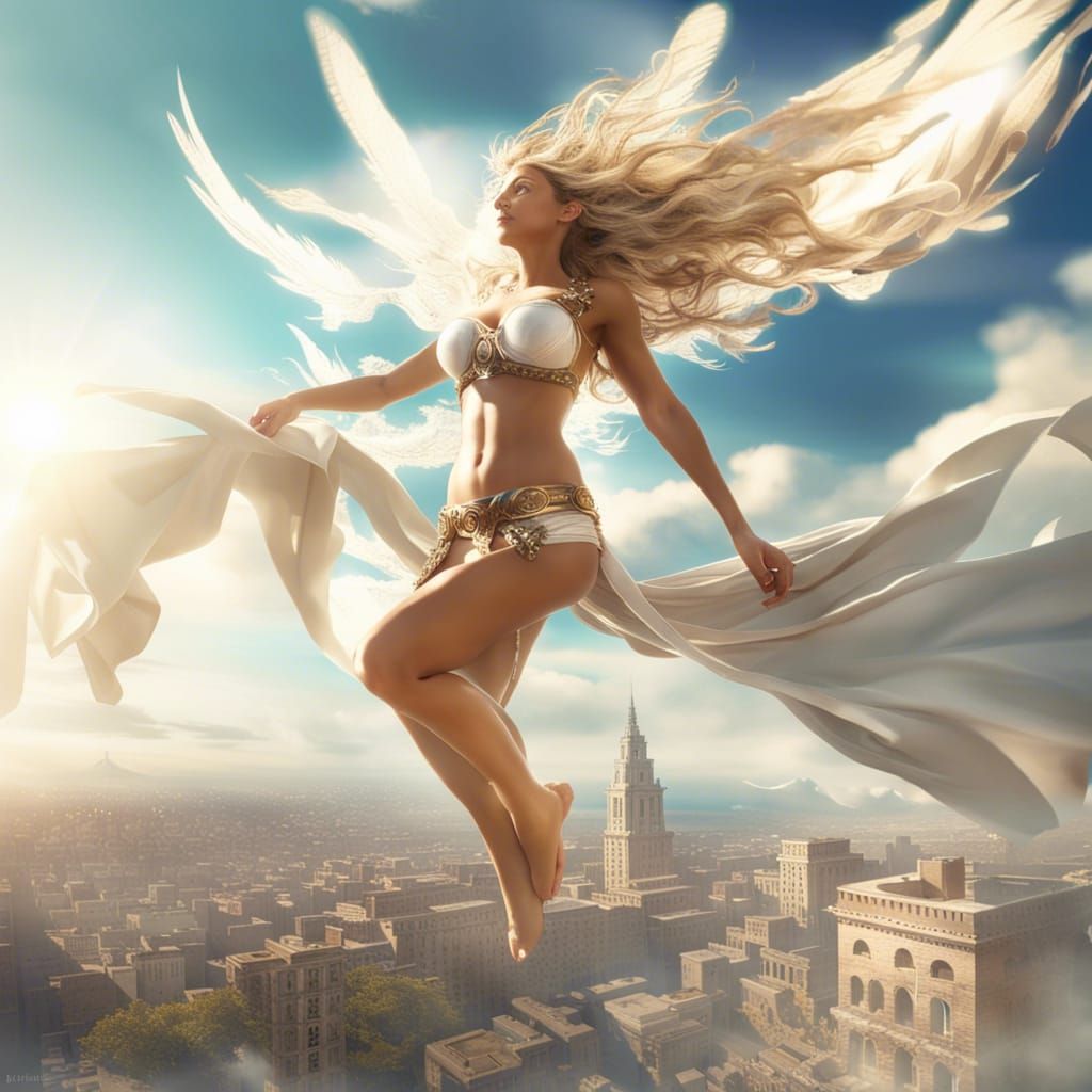 Wind Goddess Over Ruined City in Sci-Fi Style