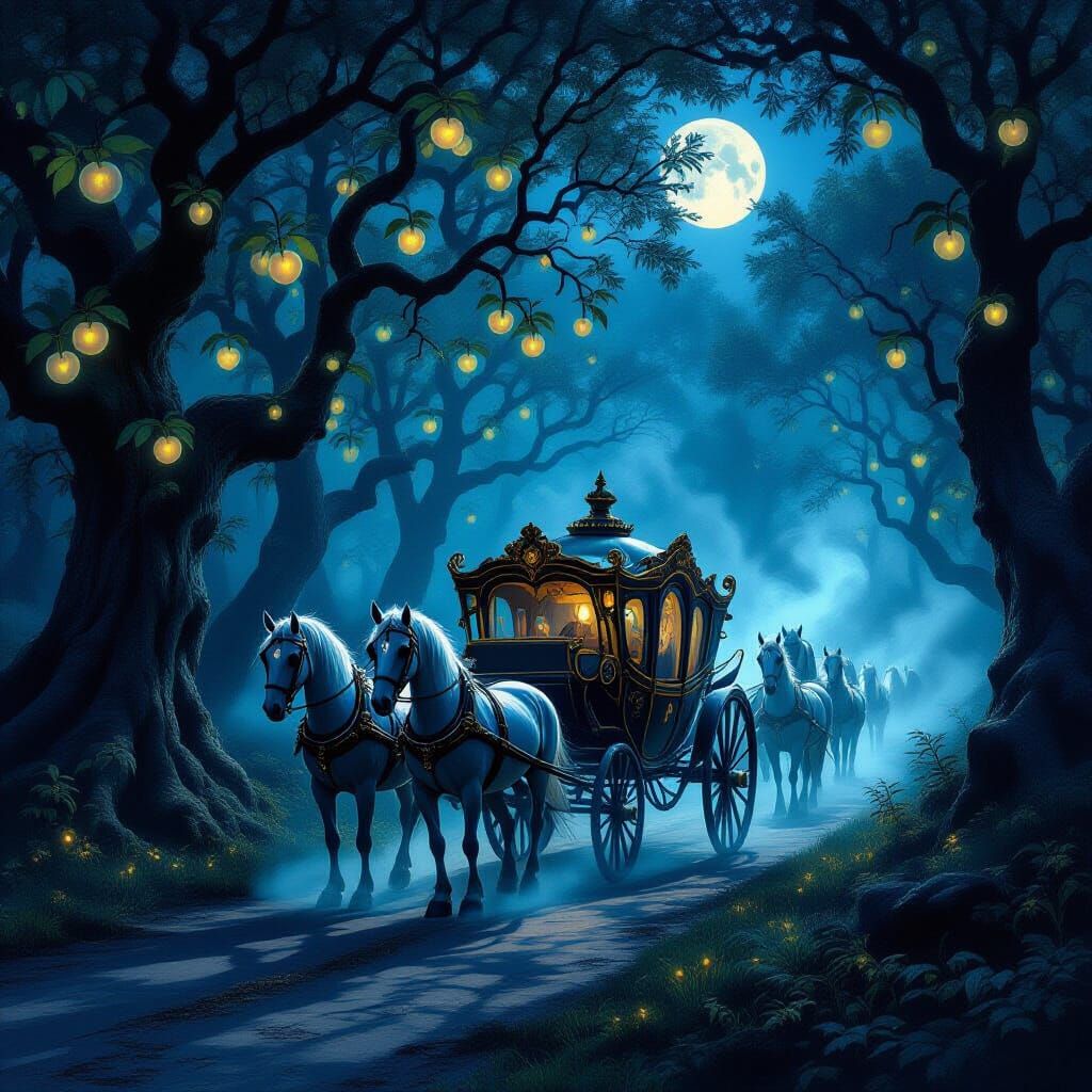 Ghostly Carriage on Moonlit Forest Path
